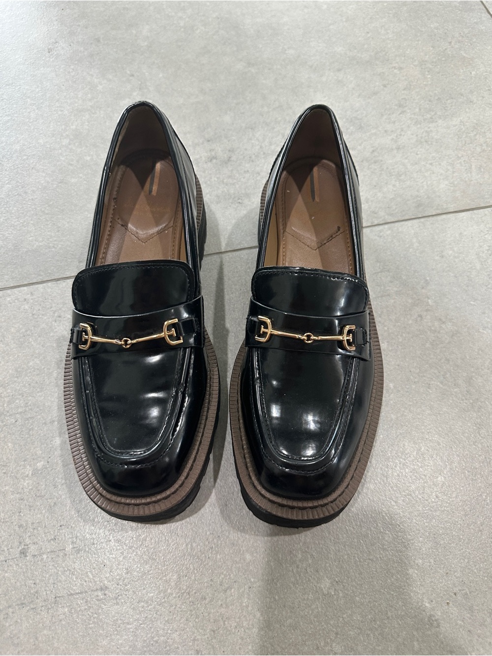 Sam Edelman Black Patent Loafers with Gold Bit